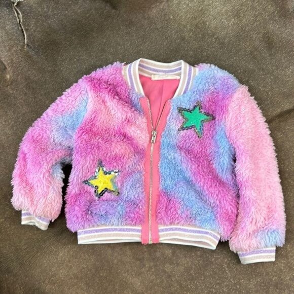 Baby Sara Multi Pink Tie Dye Faux Fur Bomber Jacket w/Star Trim Detail - Picture 2 of 10